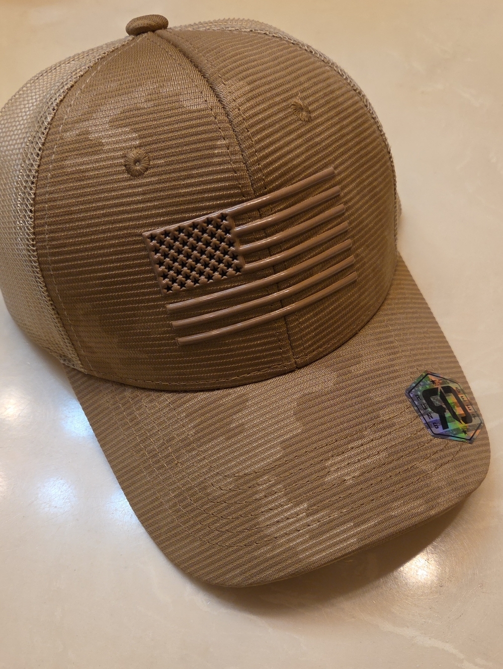 Men's Coyote Brown Trucker Cap with Raised American Flag